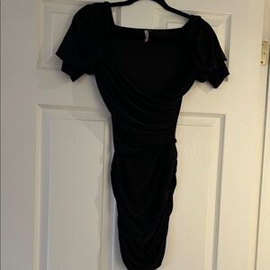 TRUE LIGHT Black Ruched Midi Dress with Flutter Sleeves